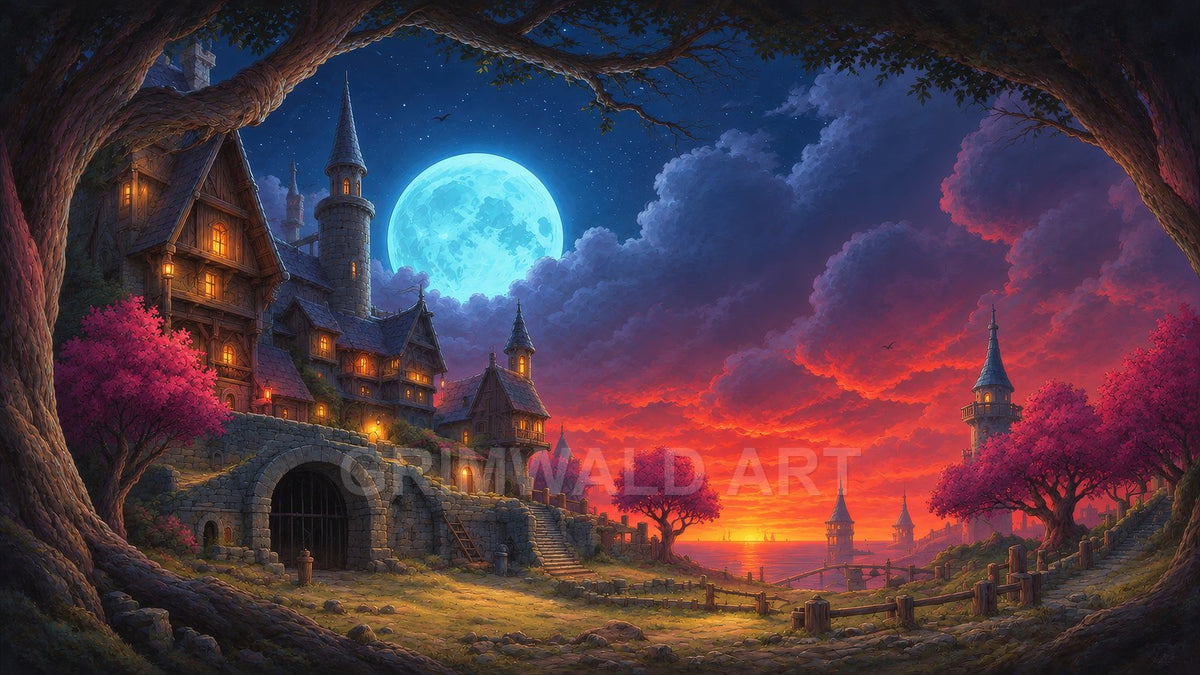 Lantern-lit medieval village and towers by a coast, framed by blossom trees, under a vast blue moon and blazing sunset clouds.