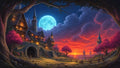 GRID THUMBNAIL — Lantern-lit medieval village and towers by a coast, framed by blossom trees, under a vast blue moon and blazing sunset clouds.