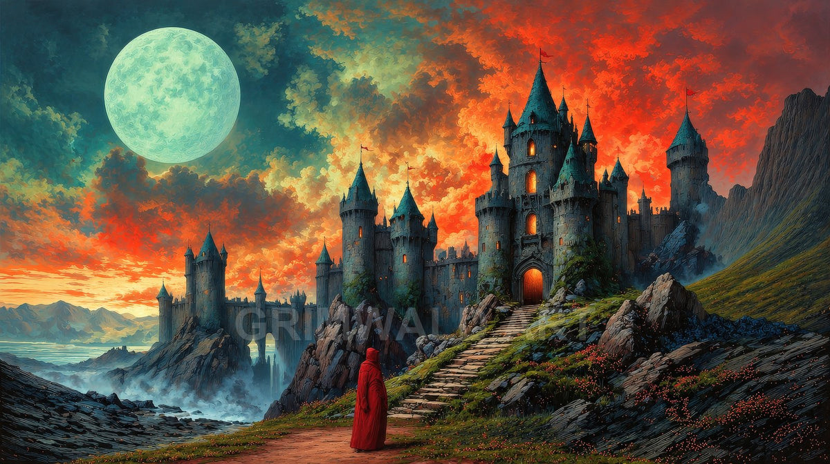 A towering gothic castle rises on rocky cliffs beneath a vast moon and fiery twilight clouds, while a lone red-cloaked figure climbs stone steps.