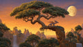 GRID THUMBNAIL — A small dragon perches beneath a sprawling ancient tree on a rocky arch, overlooking waterfalls and jagged mountains under a huge rising moon at sunset.
