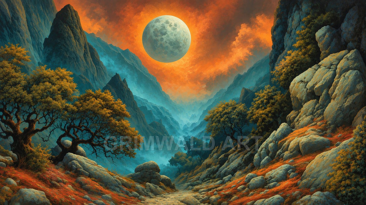 Rocky valley with a winding path and gnarled trees beneath a huge full moon and fiery orange clouds, painted in teal and amber hues.
