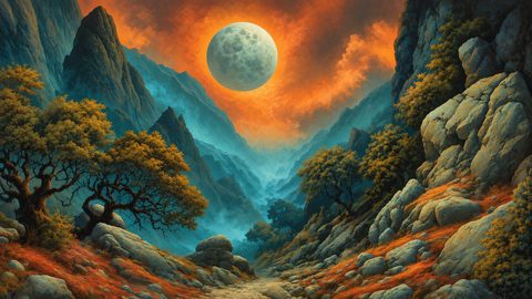 GRID THUMBNAIL — Rocky valley with a winding path and gnarled trees beneath a huge full moon and fiery orange clouds, painted in teal and amber hues.