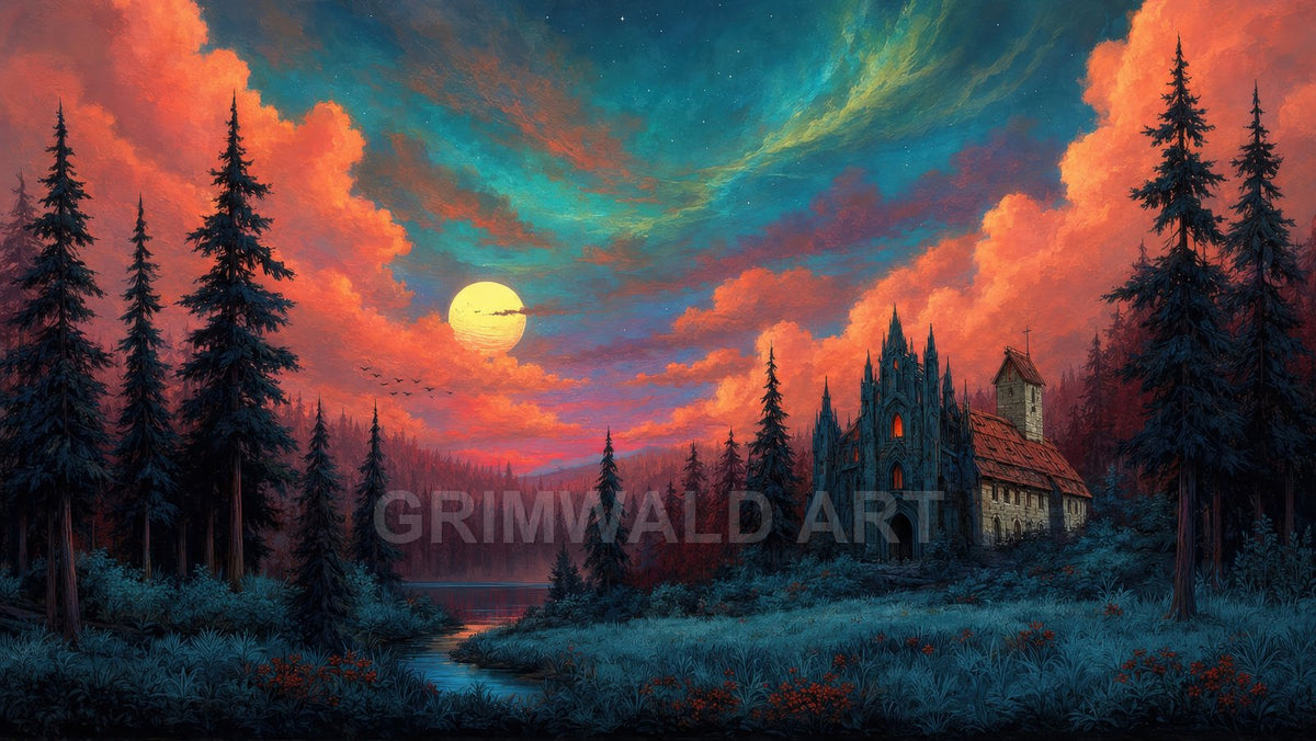 Gothic cathedral with glowing windows beside a forest lake under a full moon, teal and orange twilight clouds, tall pines silhouetted.