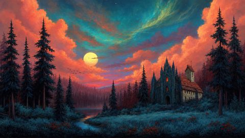 GRID THUMBNAIL — Gothic cathedral with glowing windows beside a forest lake under a full moon, teal and orange twilight clouds, tall pines silhouetted.