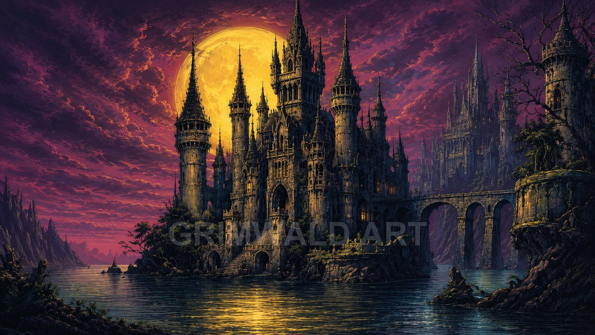 Grand gothic castle with soaring spires on rocky island, arched bridge and calm lake, vast golden full moon, purple twilight sky.