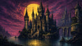 GRID THUMBNAIL — Grand gothic castle with soaring spires on rocky island, arched bridge and calm lake, vast golden full moon, purple twilight sky.