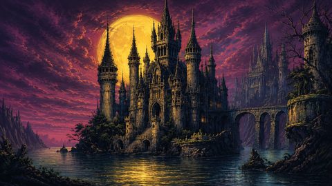 GRID THUMBNAIL — Grand gothic castle with soaring spires on rocky island, arched bridge and calm lake, vast golden full moon, purple twilight sky.