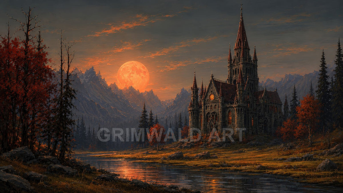 Gothic castle with warm windows beside a reflective river, autumn trees, pine forest and jagged mountains under a huge orange moon at twilight.