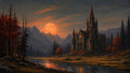 GRID THUMBNAIL — Gothic castle with warm windows beside a reflective river, autumn trees, pine forest and jagged mountains under a huge orange moon at twilight.