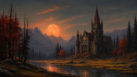 GRID THUMBNAIL — Gothic castle with warm windows beside a reflective river, autumn trees, pine forest and jagged mountains under a huge orange moon at twilight.