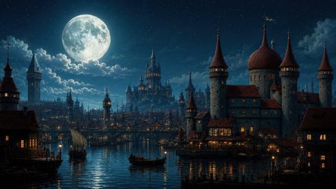 GRID THUMBNAIL — Moonlit medieval city with castle towers and bridge reflected in a calm river, boats drifting under a vast full moon and starry sky.