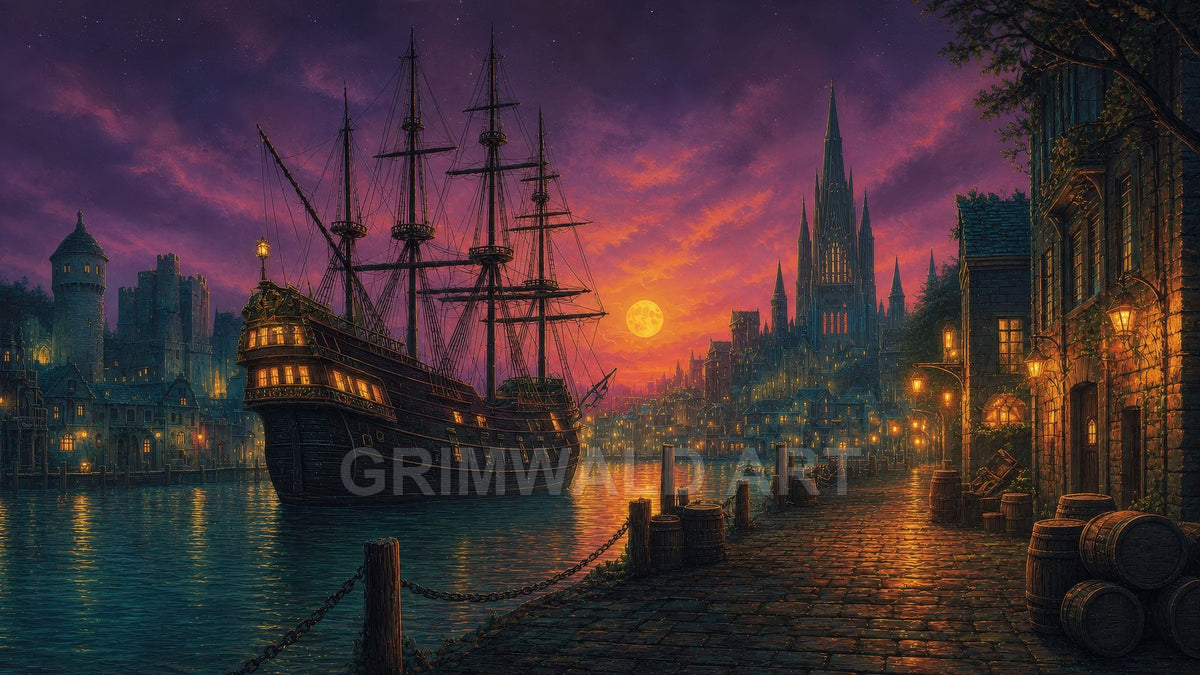 Twilight harbour city with a tall-masted galleon moored by a cobbled quay, glowing lanterns, gothic cathedral skyline, and a full moon.