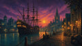 GRID THUMBNAIL — Twilight harbour city with a tall-masted galleon moored by a cobbled quay, glowing lanterns, gothic cathedral skyline, and a full moon.