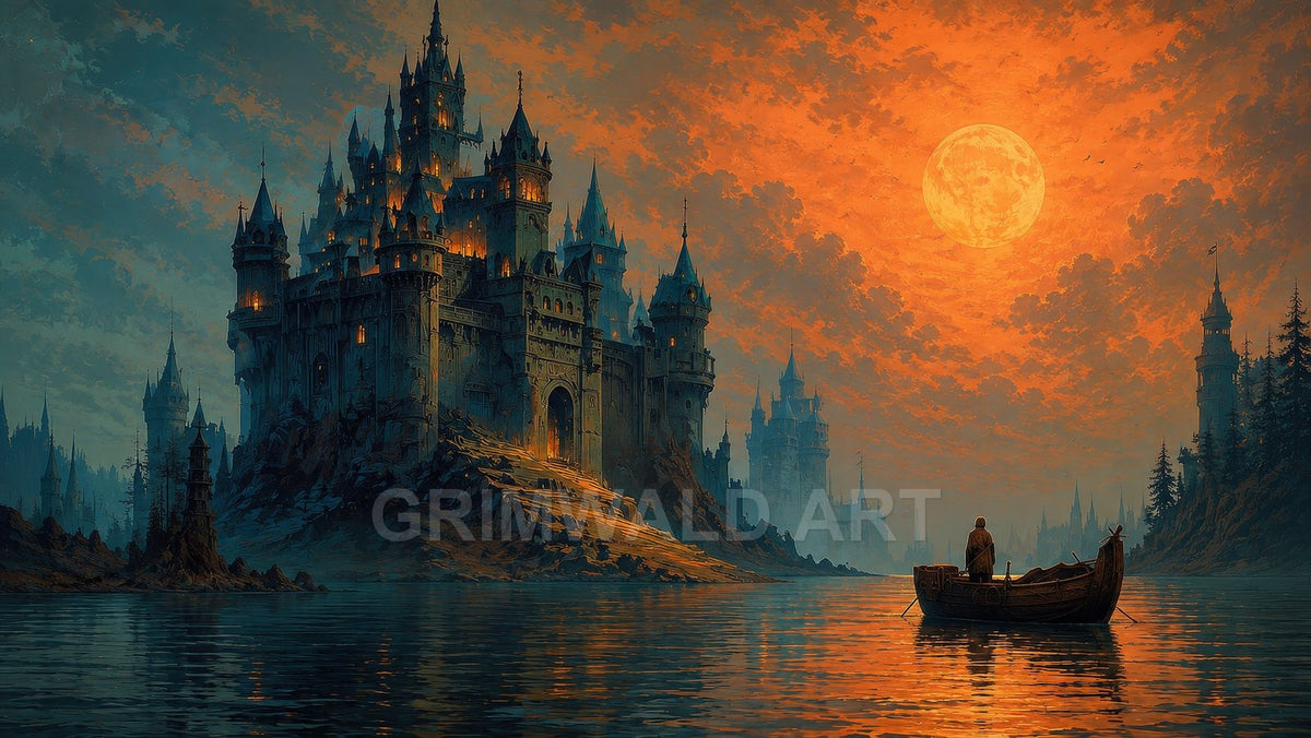 Gothic castle with glowing windows above a lake at twilight, huge orange moon and clouds overhead, small boat with lone figure in foreground.