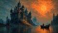 GRID THUMBNAIL — Gothic castle with glowing windows above a lake at twilight, huge orange moon and clouds overhead, small boat with lone figure in foreground.