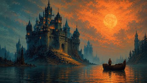 GRID THUMBNAIL — Gothic castle with glowing windows above a lake at twilight, huge orange moon and clouds overhead, small boat with lone figure in foreground.