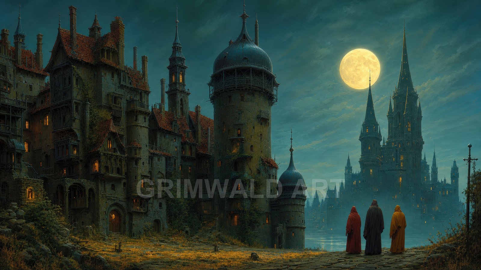 Moonlit medieval city with towering spires and glowing windows, three robed figures watching a distant castle across misty water beneath a full moon.