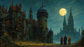 GRID THUMBNAIL — Moonlit medieval city with towering spires and glowing windows, three robed figures watching a distant castle across misty water beneath a full moon.