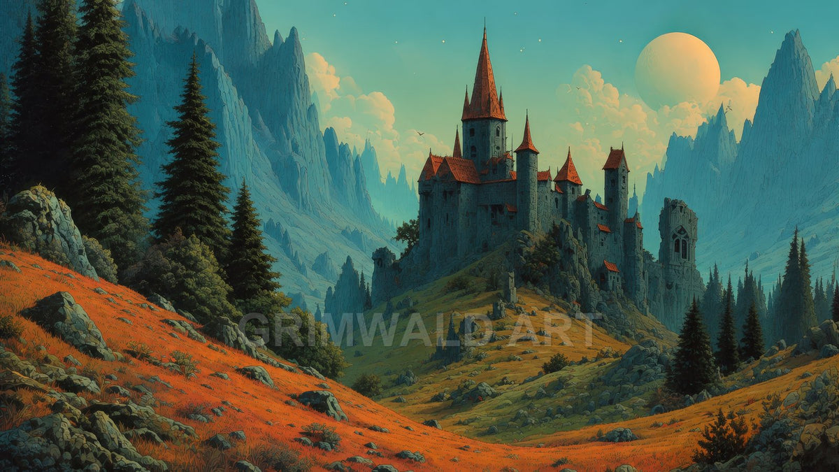 A red-roofed stone castle sits in a pine-lined mountain valley beneath a large pale moon, with orange meadow and jagged peaks at twilight.