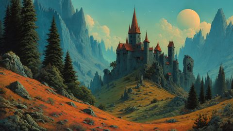 GRID THUMBNAIL — A red-roofed stone castle sits in a pine-lined mountain valley beneath a large pale moon, with orange meadow and jagged peaks at twilight.
