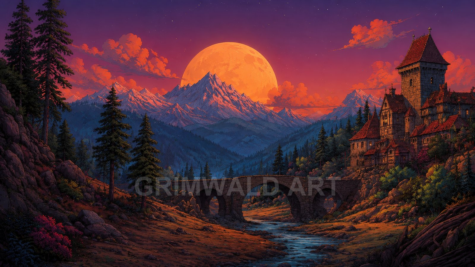 Vast fantasy mountain landscape at twilight with giant orange moon, stone bridge over river, pine forest, and hilltop castle with red roofs.