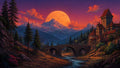 GRID THUMBNAIL — Vast fantasy mountain landscape at twilight with giant orange moon, stone bridge over river, pine forest, and hilltop castle with red roofs.