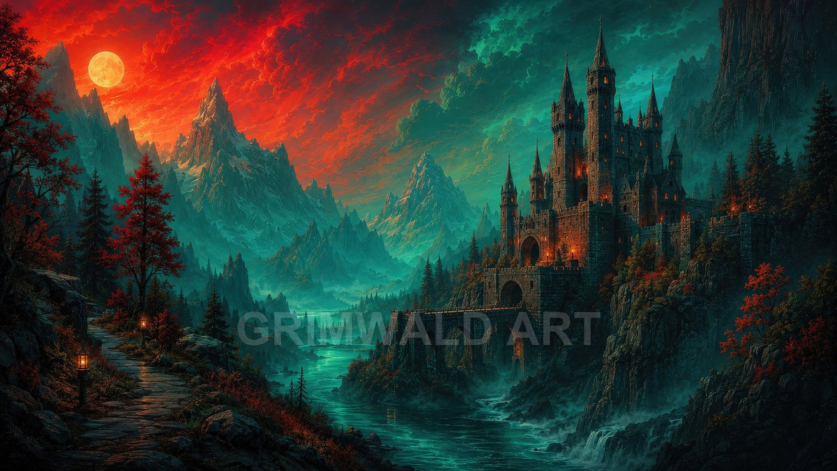 Grand gothic castle above a river in teal mountains, lantern-lit path and autumn trees beneath a crimson clouded sky with full moon.