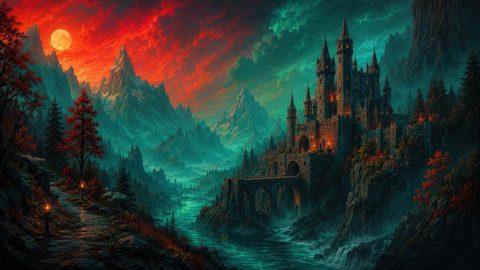 GRID THUMBNAIL — Grand gothic castle above a river in teal mountains, lantern-lit path and autumn trees beneath a crimson clouded sky with full moon.