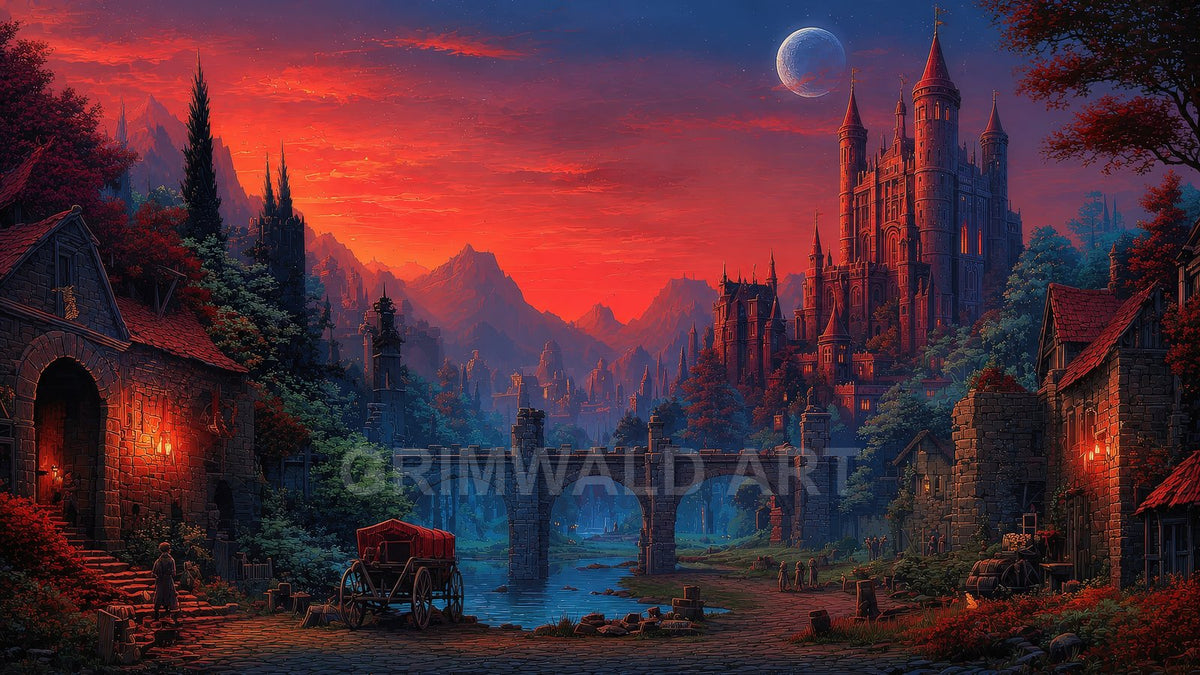 Medieval fantasy castle overlooks a stone bridge and river at fiery sunset, moon rising above, lamplit village houses, cart and tiny figures.