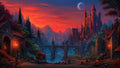 GRID THUMBNAIL — Medieval fantasy castle overlooks a stone bridge and river at fiery sunset, moon rising above, lamplit village houses, cart and tiny figures.