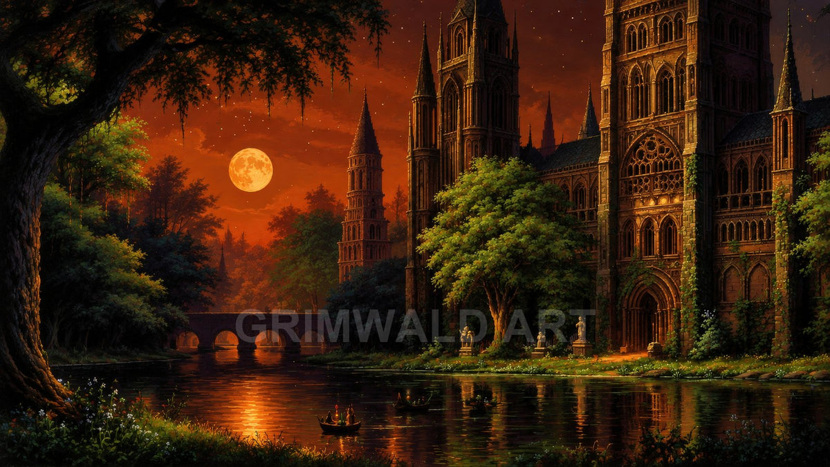 Grand gothic cathedral with ivy and tall spires beside a calm river at twilight, orange full moon and stone bridge, small boats gliding.