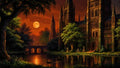 GRID THUMBNAIL — Grand gothic cathedral with ivy and tall spires beside a calm river at twilight, orange full moon and stone bridge, small boats gliding.