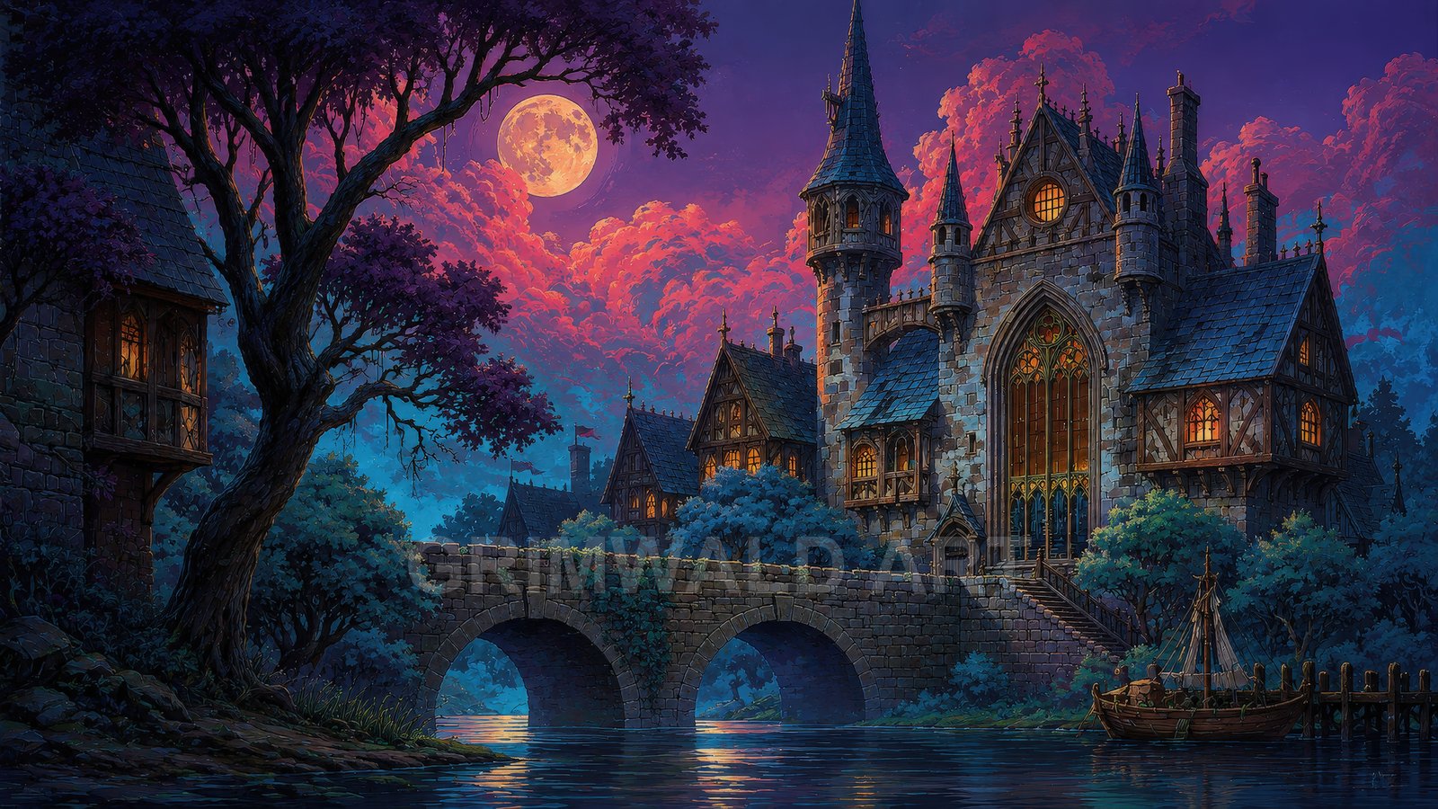 Gothic riverside castle with stained-glass window beside a stone bridge under a full moon, purple clouds, trees and a moored boat reflecting in calm water.