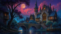 GRID THUMBNAIL — Gothic riverside castle with stained-glass window beside a stone bridge under a full moon, purple clouds, trees and a moored boat reflecting in calm water.