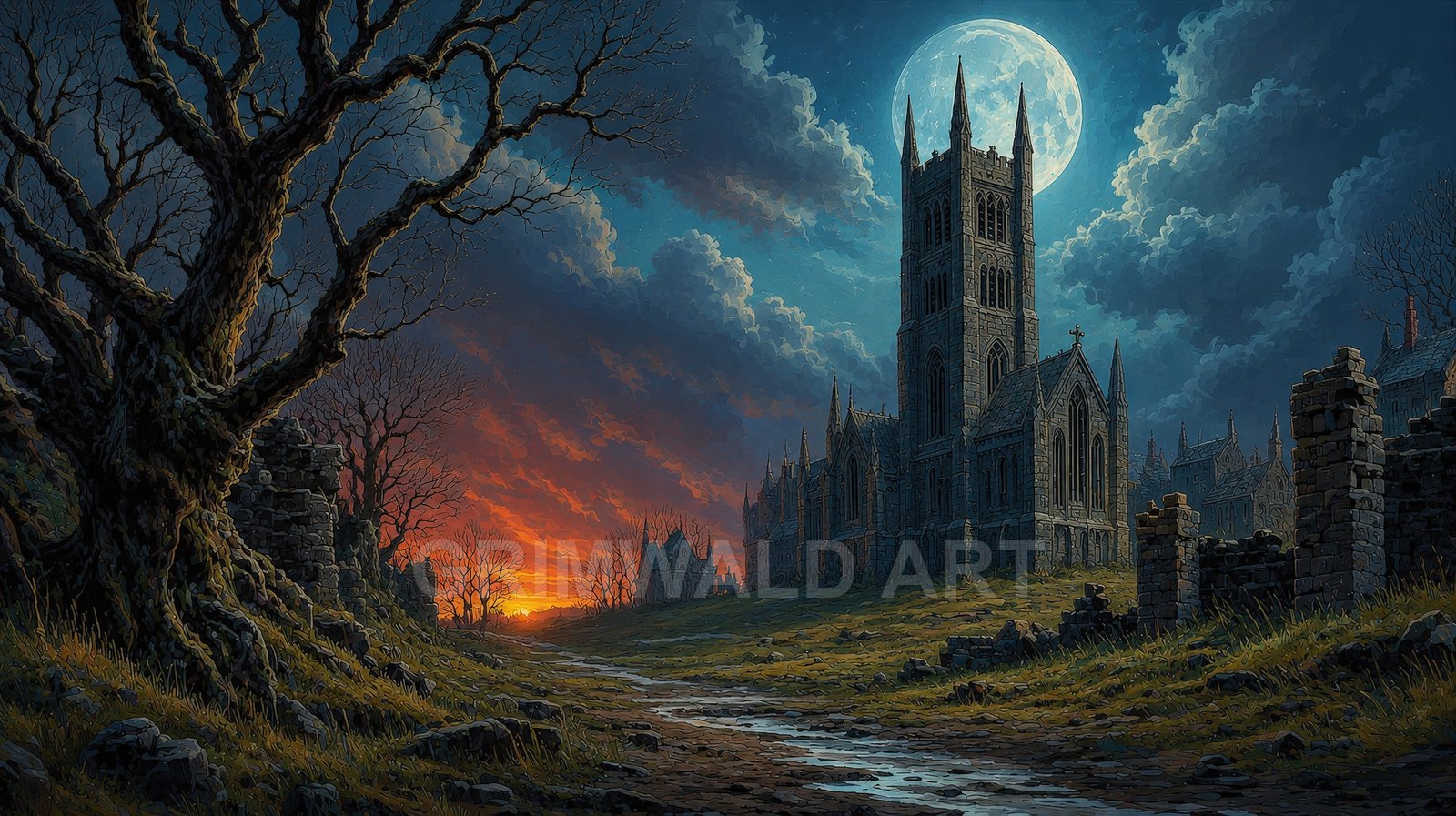 Moonlit gothic cathedral towers over crumbling ruins and a gnarled tree, under dramatic clouds at twilight, with a muddy path reflecting sunset glow.