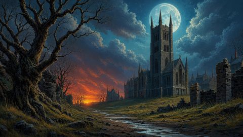 GRID THUMBNAIL — Moonlit gothic cathedral towers over crumbling ruins and a gnarled tree, under dramatic clouds at twilight, with a muddy path reflecting sunset glow.