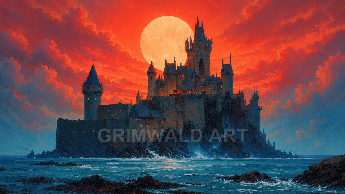 A towering castle on a rocky sea island beneath a colossal moon, waves crashing below, orange sunset clouds filling the dramatic sky.