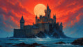 GRID THUMBNAIL — A towering castle on a rocky sea island beneath a colossal moon, waves crashing below, orange sunset clouds filling the dramatic sky.