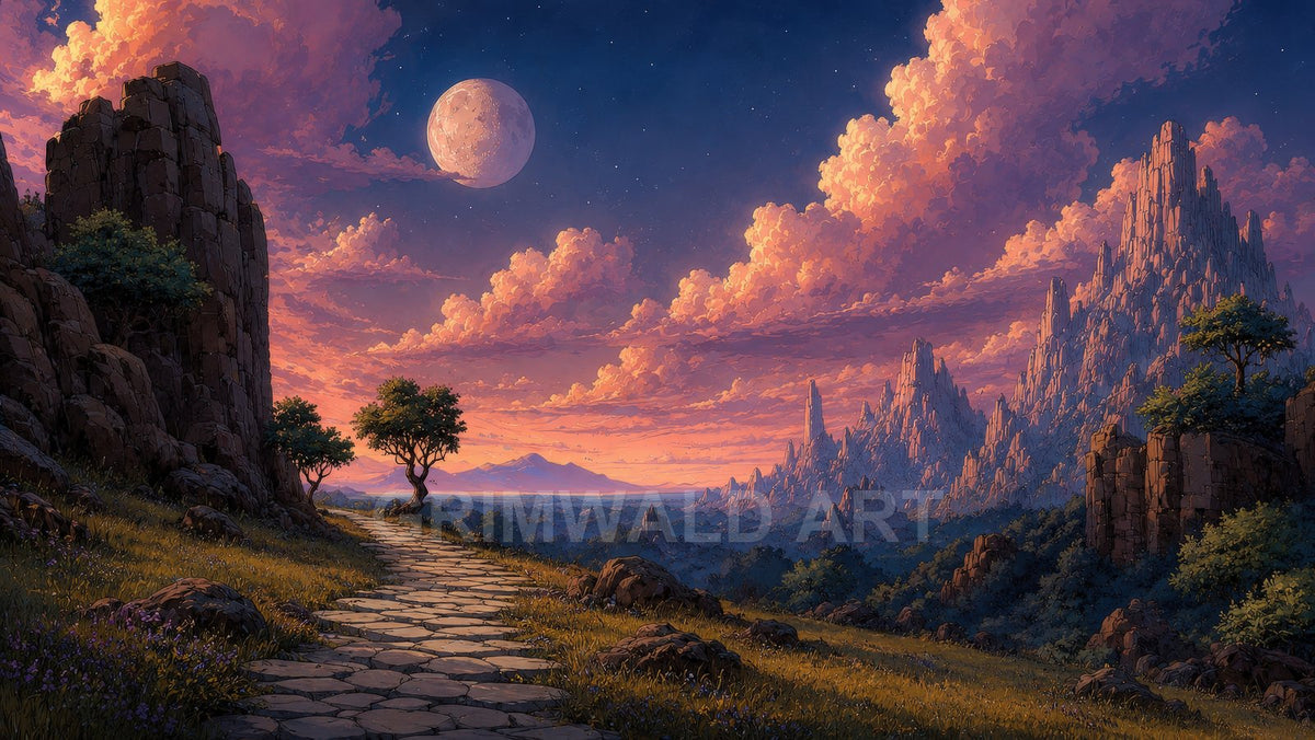 Cobbled path winding through rocky hills toward jagged mountains under a vast moon, with rose-gold twilight clouds and scattered trees.