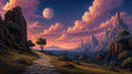 GRID THUMBNAIL — Cobbled path winding through rocky hills toward jagged mountains under a vast moon, with rose-gold twilight clouds and scattered trees.