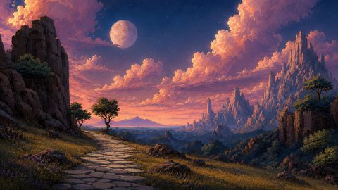 GRID THUMBNAIL — Cobbled path winding through rocky hills toward jagged mountains under a vast moon, with rose-gold twilight clouds and scattered trees.
