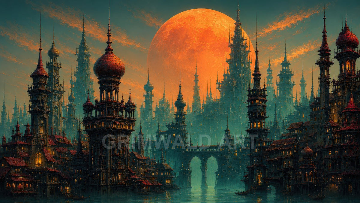 A vast fantasy city of ornate spires and onion domes beside still canals, under a huge orange moon with mist and glowing windows.
