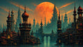 GRID THUMBNAIL — A vast fantasy city of ornate spires and onion domes beside still canals, under a huge orange moon with mist and glowing windows.