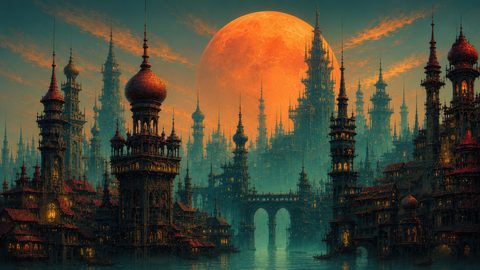 GRID THUMBNAIL — A vast fantasy city of ornate spires and onion domes beside still canals, under a huge orange moon with mist and glowing windows.