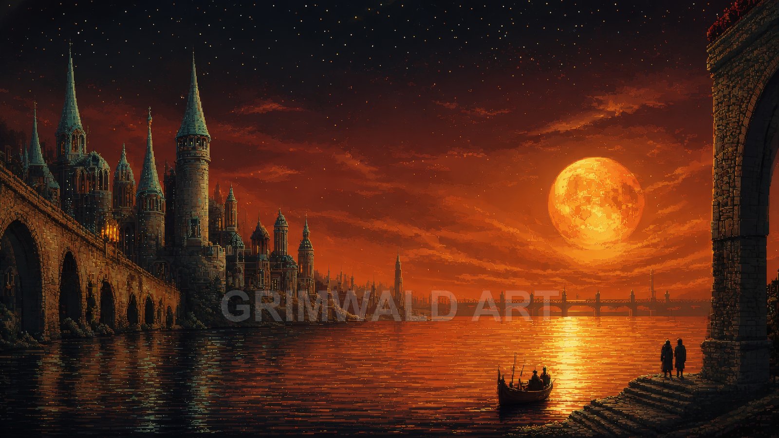 Fantasy riverside city with spired castle and stone bridges under a vast orange full moon, stars and reflections shimmering across the calm night water.