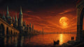 GRID THUMBNAIL — Fantasy riverside city with spired castle and stone bridges under a vast orange full moon, stars and reflections shimmering across the calm night water.