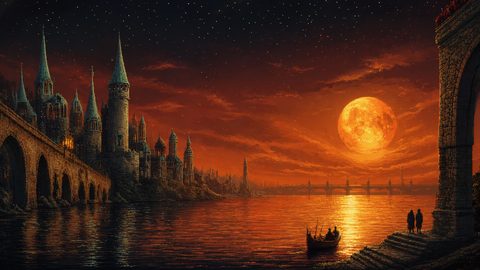 GRID THUMBNAIL — Fantasy riverside city with spired castle and stone bridges under a vast orange full moon, stars and reflections shimmering across the calm night water.
