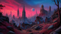GRID THUMBNAIL — A sprawling fantasy city of gothic spires under a vivid pink twilight sky with a distant moon, seen from rocky red hills and ruins.