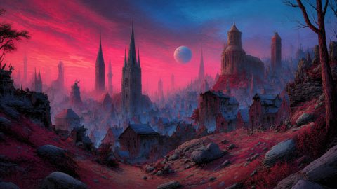 GRID THUMBNAIL — A sprawling fantasy city of gothic spires under a vivid pink twilight sky with a distant moon, seen from rocky red hills and ruins.