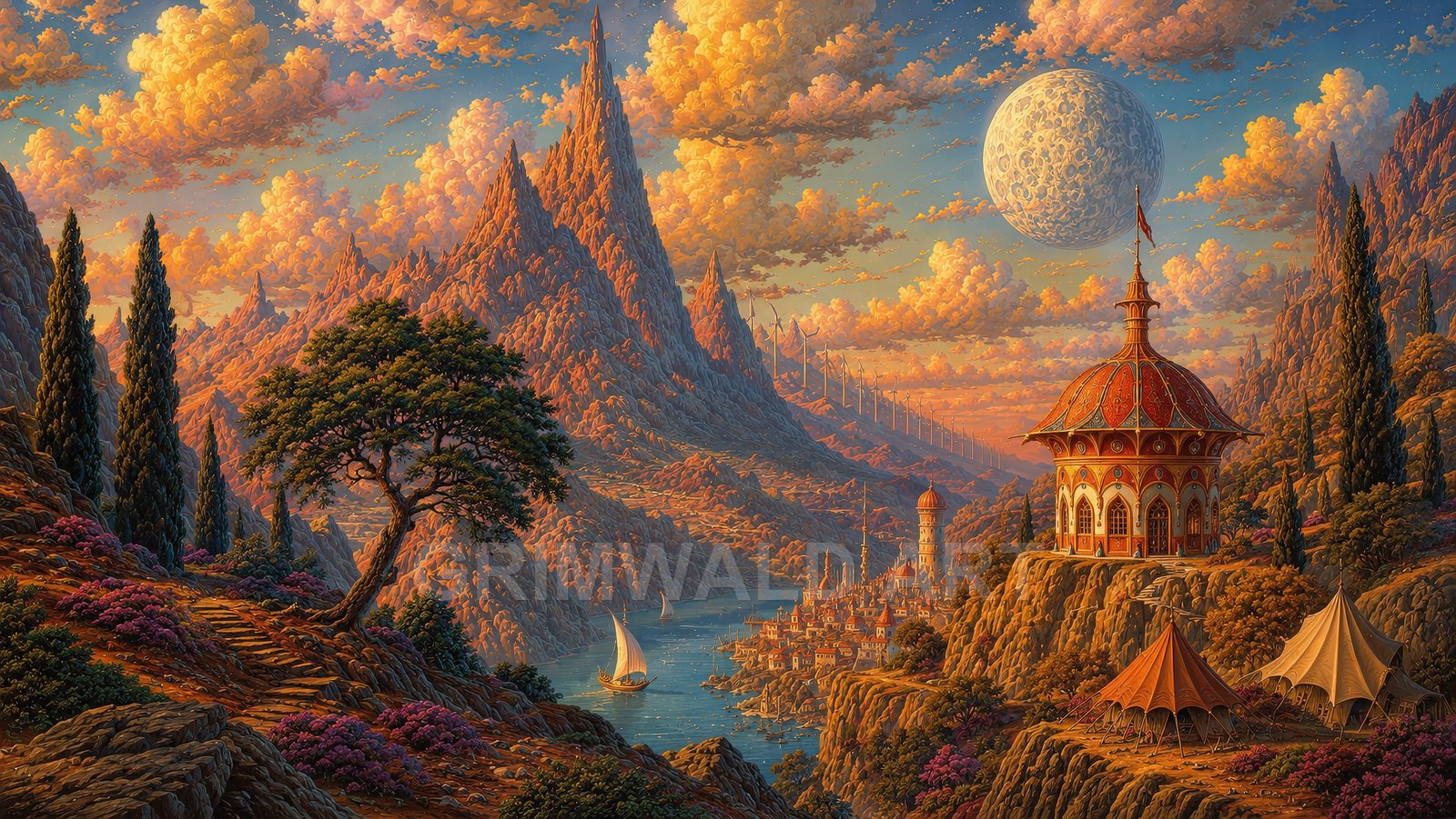 Fantasy landscape with spired mountains, glowing golden clouds, a vast cratered moon, river with sailboats, ornate red pavilion, tents, cypress and a clustered riverside city.